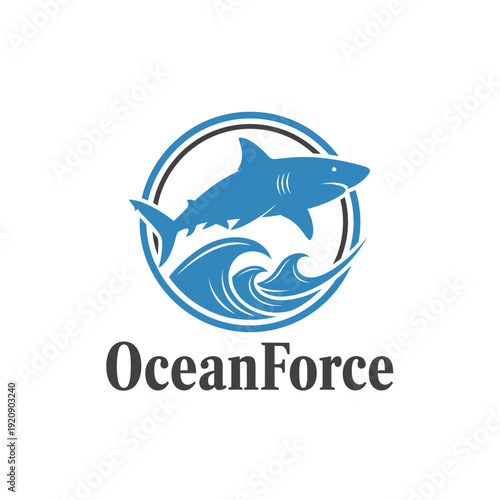A blue shark leaps above waves inside a circle with a black outline; text is below the circle