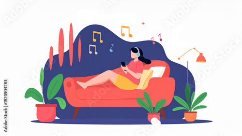 Young Woman Relaxing at Home Listening to Music – Flat Colorful Vector Illustration Set