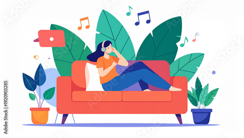 Young Woman Relaxing at Home Listening to Music – Flat Colorful Vector Illustration Set