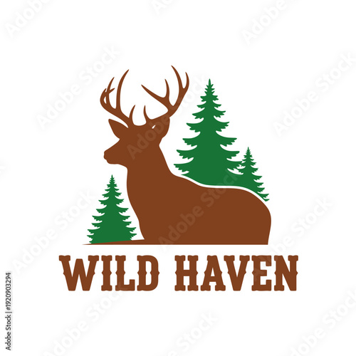 A brown deer silhouette with antlers, and three green pine trees with "WILD HAVEN" below in brown