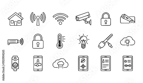 Smart Home Technology Outline Icon Set Vector for Connected Living and Security