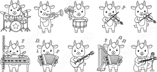 Cute Cow Musicians Set Black and White Line Art Vector Illustration Isolated on White Background