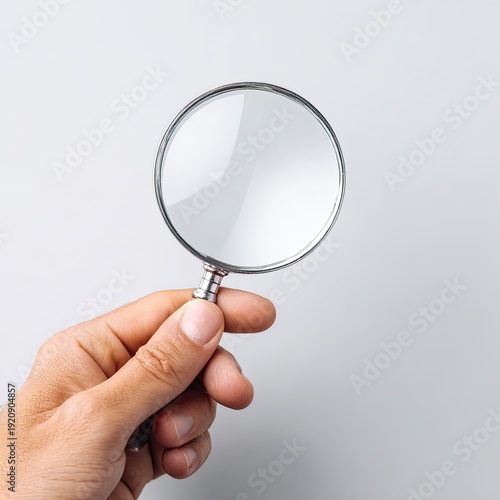 Hand holding a silver-rimmed magnifying glass against a plain, light gray backdrop