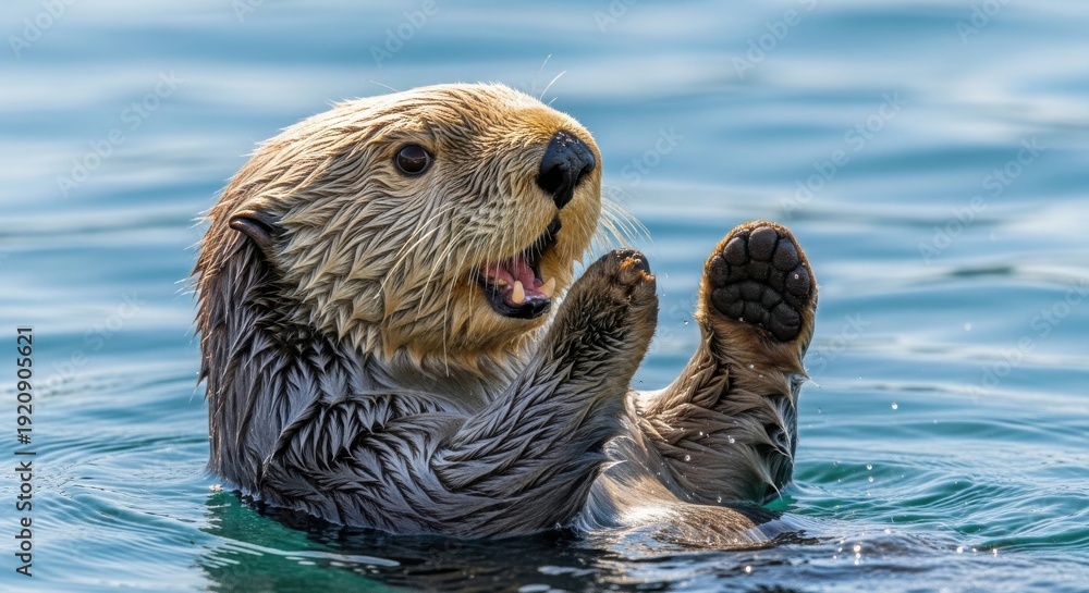 Obraz premium Sea otter swimming playfully in clear blue ocean water with joyful expression
