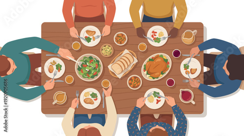 Family Meal at Home – Top View Dining Table Vector Scene