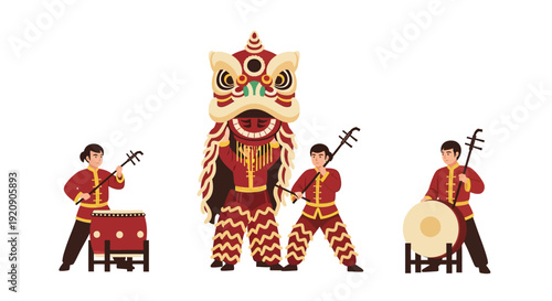 Chinese Lion Dance Performance with Musicians Playing Erhu and Traditional Drums. Festive Lunar New Year Celebration Vector Illustration.