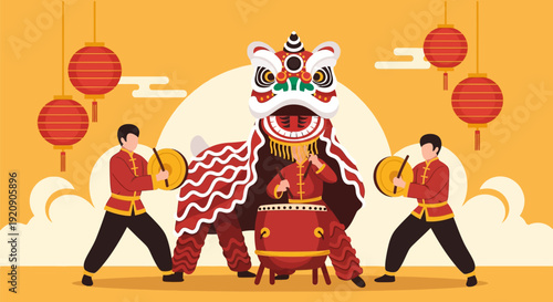 Vibrant Chinese Lion Dance Performance: Lunar New Year Celebration with Traditional Musicians and Festive Lanterns - Flat Vector Illustration