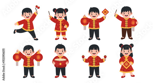 Happy Chinese New Year Kids Vector Set. Cute children in traditional red clothes celebrating Lunar New Year with lanterns and festive items illustration.