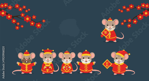 Cute Chinese New Year Mice Characters. Year of the Rat Zodiac Illustration with Cartoon Rodents in Traditional Red Costumes and Plum Blossoms.