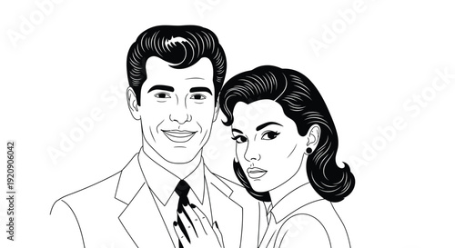 Vintage black and white line art illustration depicting a smiling fashionable man in a suit standing closely beside an elegant woman with dark stylized hair and a delicate hand placement.