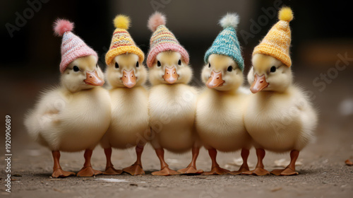 Baby ducks wearing colorful hats. The are cute and happy and walking in a line on the ground