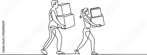 line art drawing of husband and wife lifting cardboard boxes. one line drawing of husband and wife moving to a new house.one line vector illustration with white background