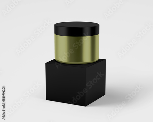 Green cosmetic jar with black lid displayed on a black cube, isolated on a light gray background. Unbranded skincare packaging mockup suitable for beauty products, cosmetic branding