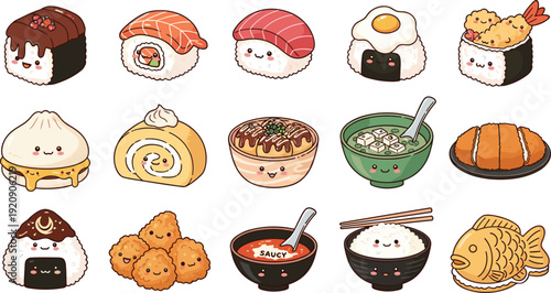 Cute Kawaii Sushi and Japanese Food Set Flat Vector Illustration Isolated on White Background