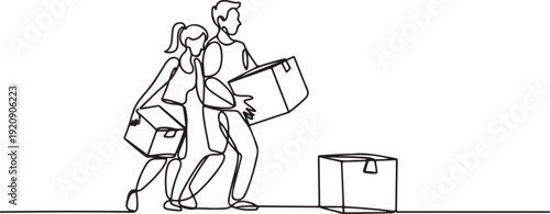line art drawing of husband and wife lifting cardboard boxes. one line drawing of husband and wife moving to a new house.one line vector illustration with white background