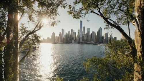 Lush trees frame a sun-drenched city skyline reflected on sparkling water