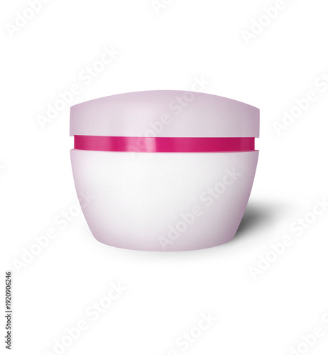 White cosmetic cream jar with a pink accent band, isolated on a white background. Unbranded plastic container suitable for skincare cream, face cream, body balm or cosmetic product