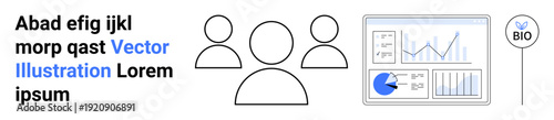 Team icons beside analytics dashboards showing graphs, charts, and a sustainability badge. Ideal for teamwork, data analysis, sustainability, strategy, business, environment simple landing page