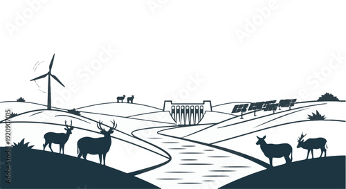 renewable energy farm with deer and solar panels