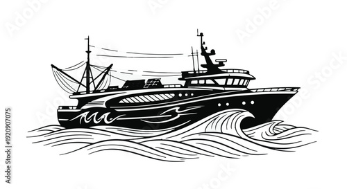 Fishing boat sailing on ocean waves illustration