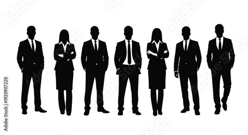 Group of professional business people standing confidently in formal attire showcasing corporate style and teamwork in a modern office setting together as a team.