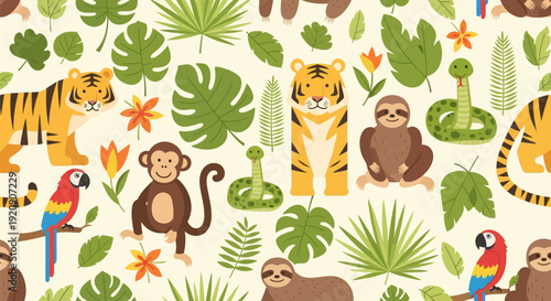 Playful Cartoon Jungle Animals & Tropical Leaves Seamless Pattern: Tiger, Monkey, Sloth, Snake, Parrot for Kids' Fabric & Decor