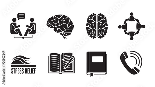 A collection of black geometric vector icons representing mental health, stress relief, and communication on a white background.