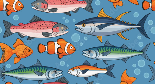 Colorful Cartoon Fish Seamless Pattern: Underwater Background with Tuna, Salmon, Clownfish, Mackerel & Goldfish