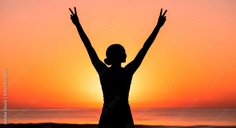 Fototapeta premium African American woman stretching arms at sunrise^ Young woman celebrating with raised arms against sunset backdrop 