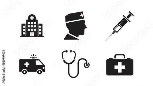 A collection of black medical icons on a white background, representing healthcare and medical services.