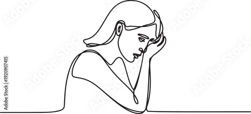 one continuous line drawing of a woman looking down and sad.one line vector illustration with white background