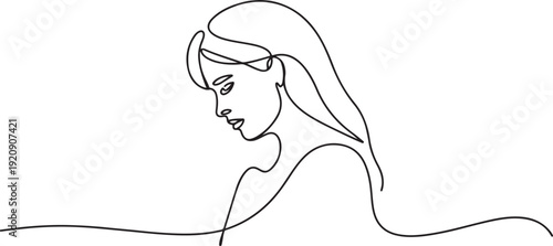 one continuous line drawing of a woman looking down and sad.one line vector illustration with white background