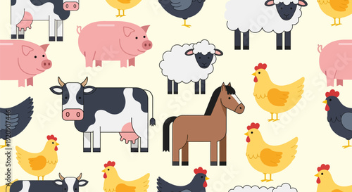 Cute Farm Animals Seamless Pattern Vector Illustration - Cow, Pig, Sheep, Horse, Chicken Background