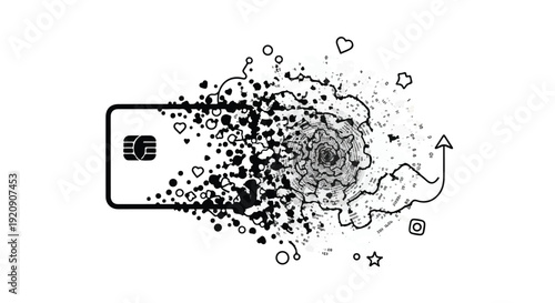credit card exploding into digital particles and icons