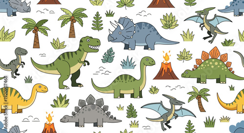 Cute Cartoon Dinosaur Seamless Pattern with T-Rex, Triceratops, Stegosaurus, Brontosaurus, Pterodactyl, Palm Trees, Volcanoes & Prehistoric Plants for Kids Design