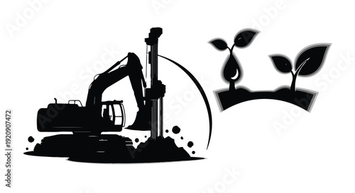 heavy machinery excavator with green seedlings growing