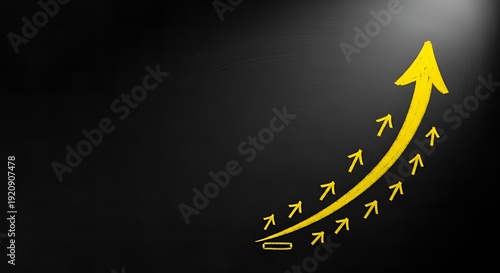 Multiple yellow arrows forming a large upward arrow on a dark background, symbolizing growth and progress from a dramatic overhead viewpoint