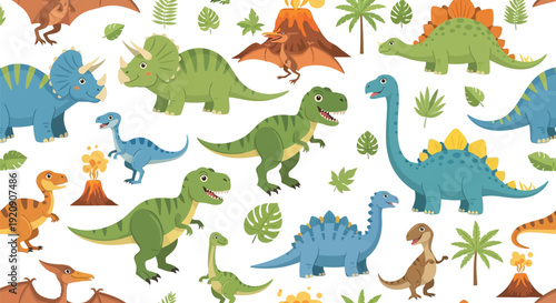 Cute Cartoon Dinosaurs Seamless Pattern with Tropical Leaves, Palm Trees, and Volcanoes. Playful Prehistoric World Background for Kids.