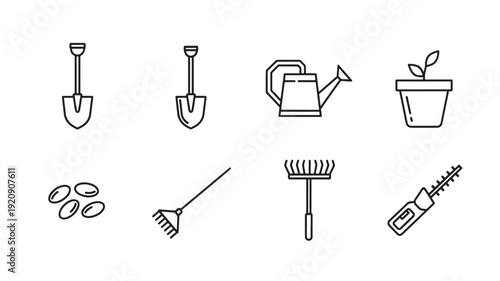 A collection of black vector gardening tools including shovels, watering can, rake, and seeds on a clean white background.