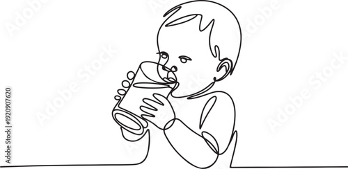 continuous line drawing of a child drinking milk. one line drawing of a toddler drinking milk with a glass.one line vector illustration with white background