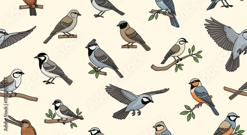 Charming Hand-Drawn Wild Birds Seamless Pattern - Diverse Aviary Illustration with Perching and Flying Songbirds on Branches for Nature-Themed Designs