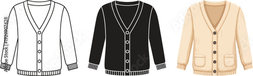 Collection of cardigan sweater illustrations including outline black and beige styles perfect for fashion design and clothing concepts