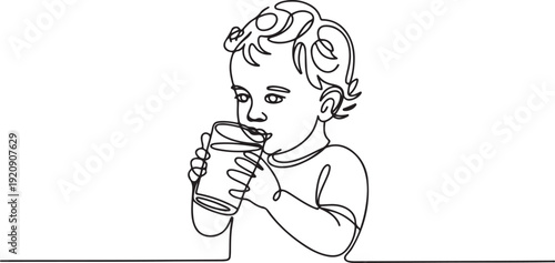 continuous line drawing of a child drinking milk. one line drawing of a toddler drinking milk with a glass.one line vector illustration with white background