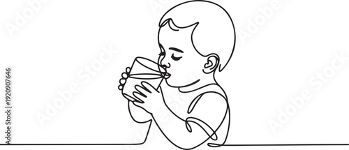 continuous line drawing of a child drinking milk. one line drawing of a toddler drinking milk with a glass.one line vector illustration with white background
