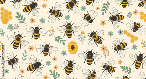 Cute Honey Bee and Wildflower Seamless Pattern. Hand-Drawn Cartoon Bees, Honeycomb, and Blossoms on a Light Background. Perfect for Nature-Inspired Designs.