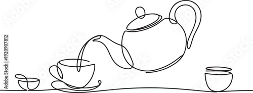 one continuous line drawing of a teapot pouring tea.one line drawing of a teapot.serving tea guest dishes,cafe,health tea.one line vector illustration with white background