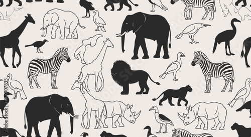 African Safari Wildlife Seamless Pattern: Elephants, Giraffes, Zebras, Lions, Rhinos, and Birds in Black Silhouette and Outline Illustration