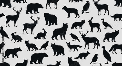 Seamless Pattern of North American Forest Wild Animals Silhouettes - Deer, Bear, Wolf, Fox, Rabbit, Owl, Birds Design Element