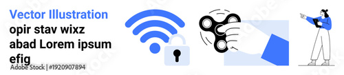 wireless signal, padlock symbol, hand holding fidget spinner, woman holding tablet. Ideal for technology, security, connectivity, gadgets, focus tools user experience simple landing page