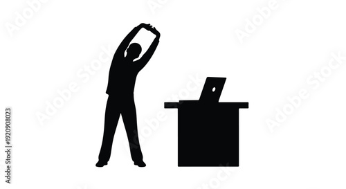man throwing paper in trash can with laptop